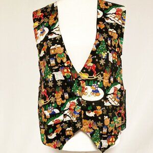 Vtg JLN USA Christmas Vest Waistcoat Bear & Santa Letter Print Made in USA Sz XL